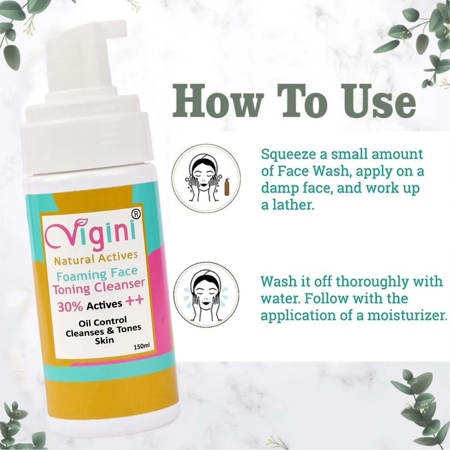 Vigini 30% Actives Anti-Acne Oil Control Foaming Toner Deep Cleanser Soap Free Face Wash Men Women  150ml |