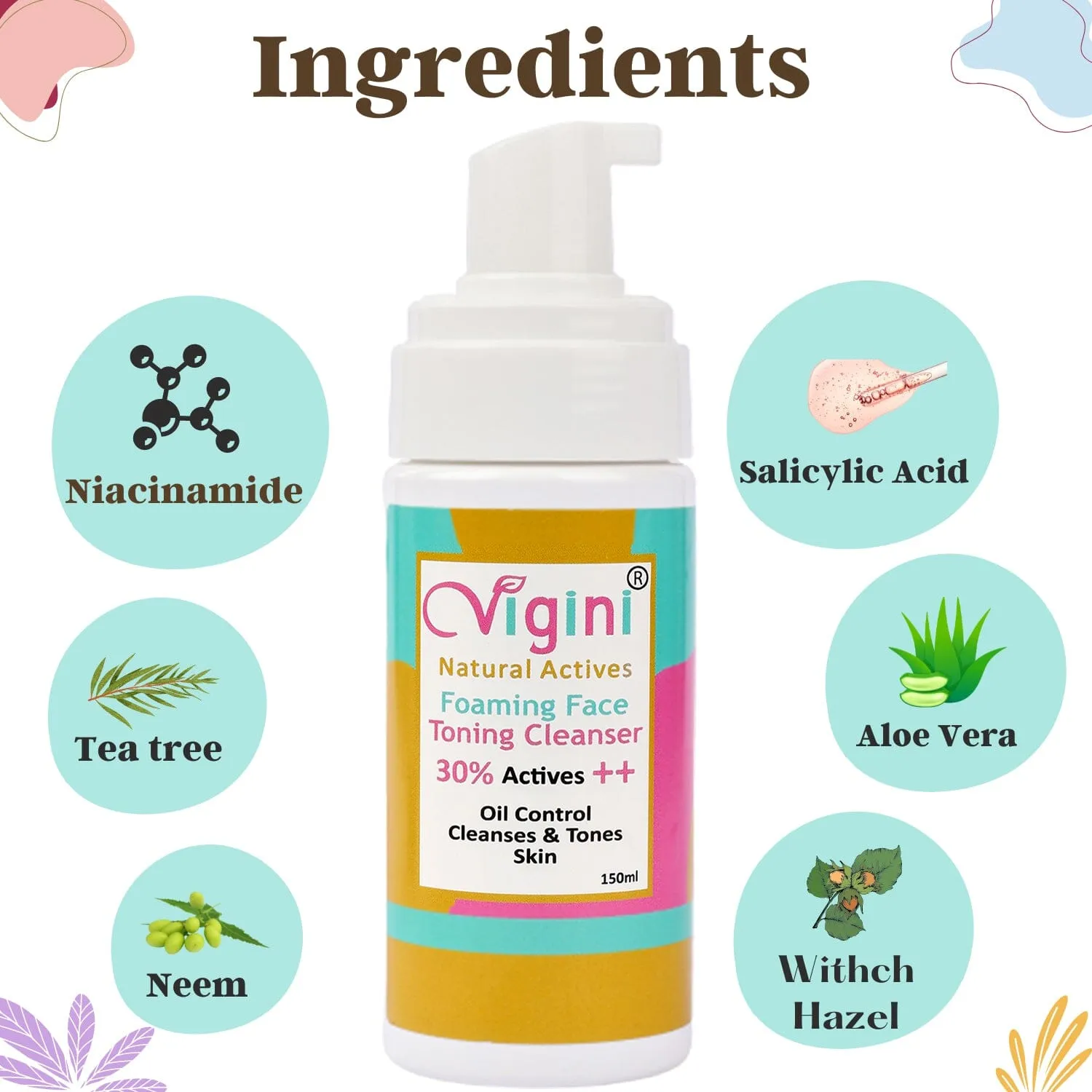 Vigini 30% Actives Anti-Acne Oil Control Foaming Toner Deep Cleanser Soap Free Face Wash Men Women  150ml |