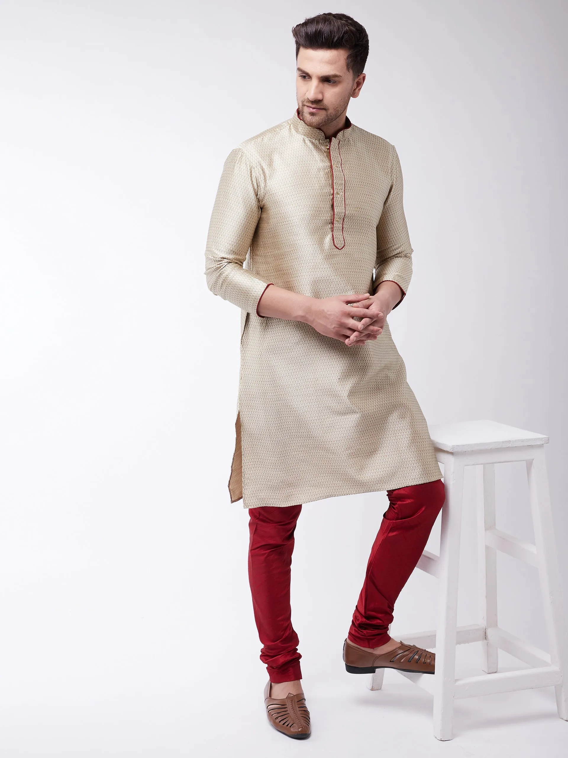 VM By VASTRAMAY  Men's Beige Color Silk Blend Kurta