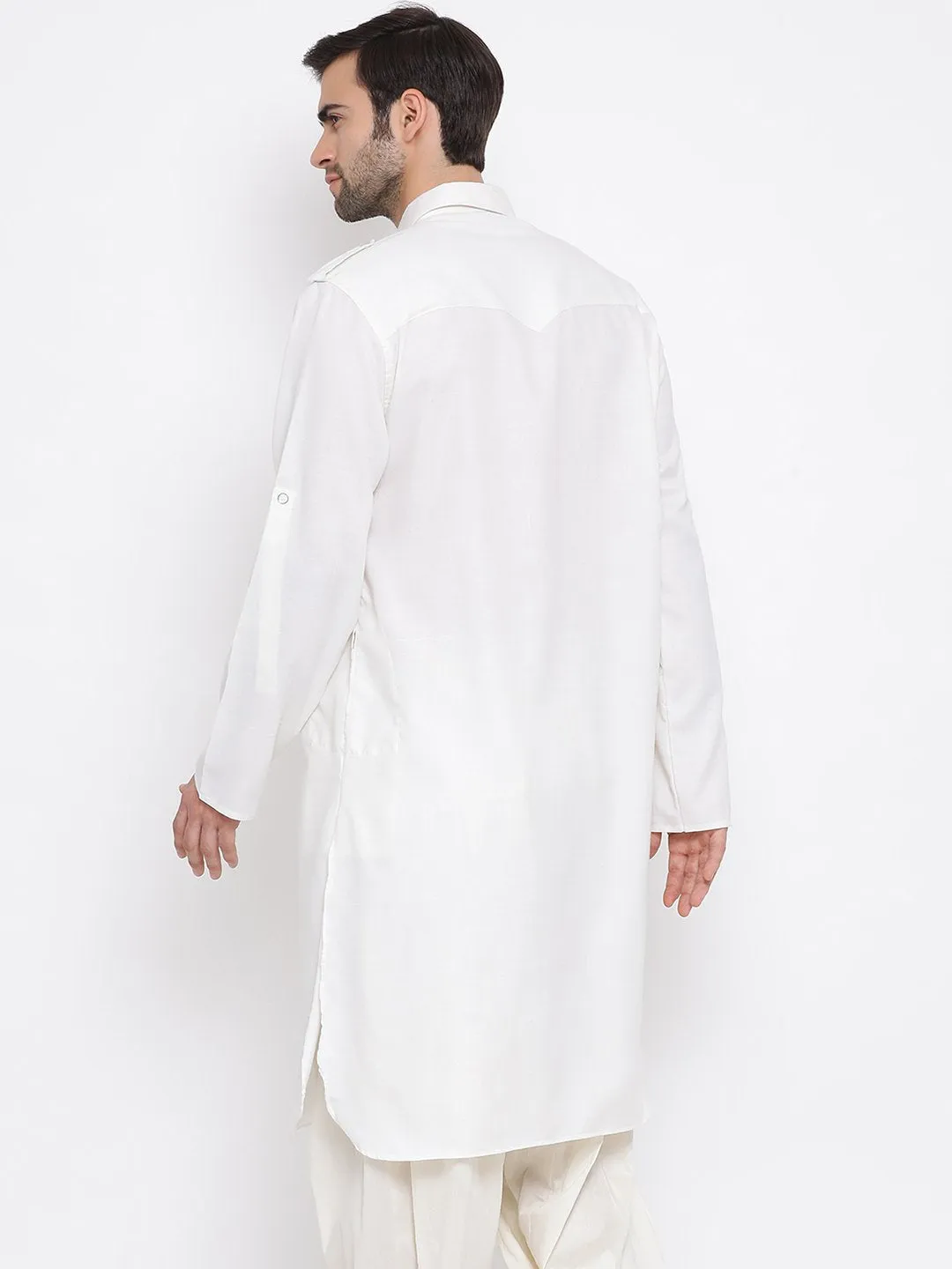 VM By VASTRAMAY Men's Cream Cotton Blend Pathani Style Kurta