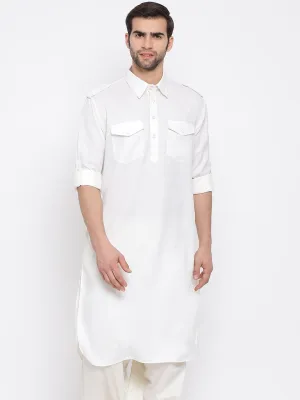 VM By VASTRAMAY Men's Cream Cotton Blend Pathani Style Kurta