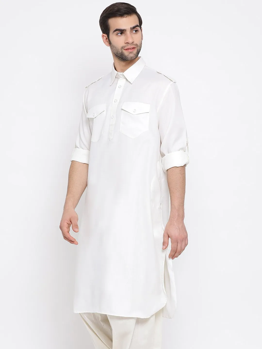 VM By VASTRAMAY Men's Cream Cotton Blend Pathani Style Kurta