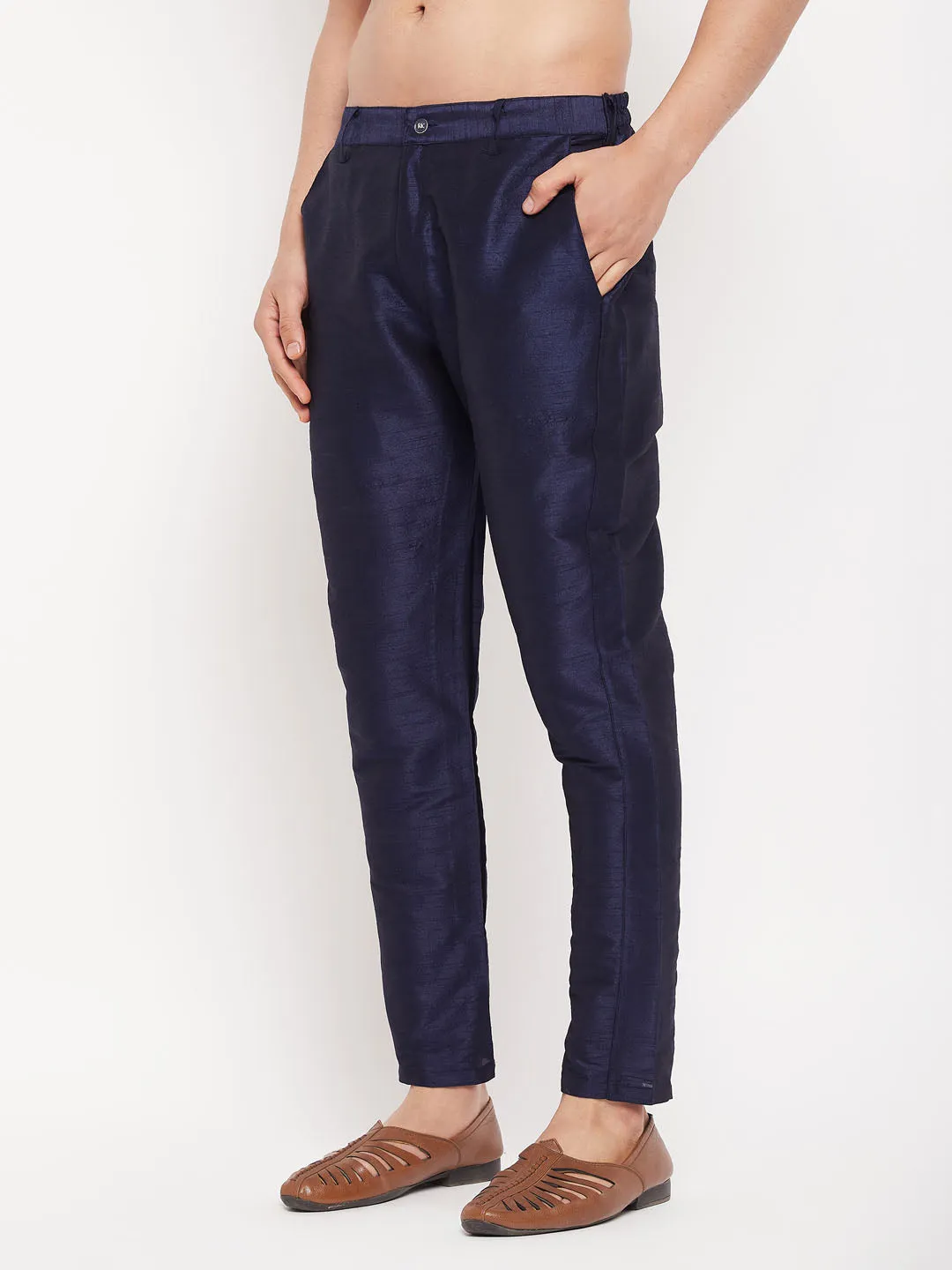 VM By VASTRAMAY Men's Navy Blue Silk Blend Pant Style Pyjama