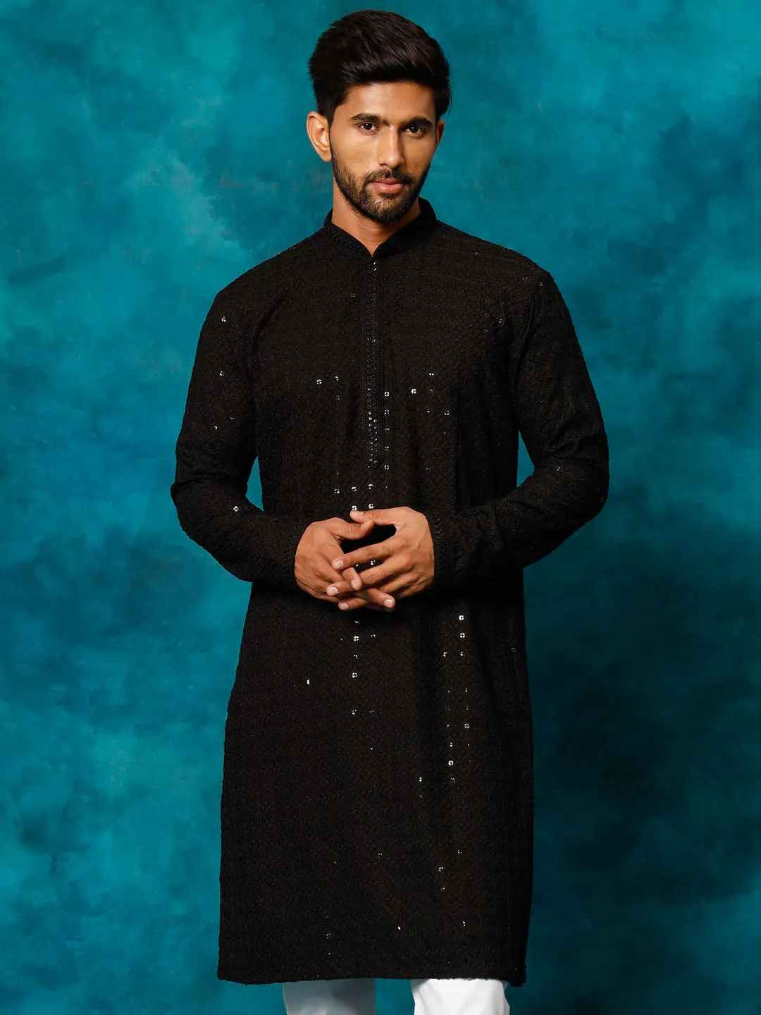 VM Men's Black Rayon Schiffli Embroidered Kurta