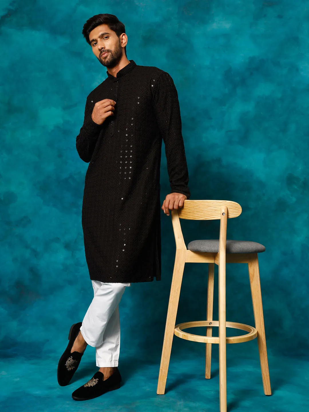 VM Men's Black Rayon Schiffli Embroidered Kurta
