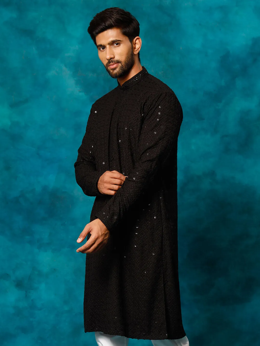VM Men's Black Rayon Schiffli Embroidered Kurta