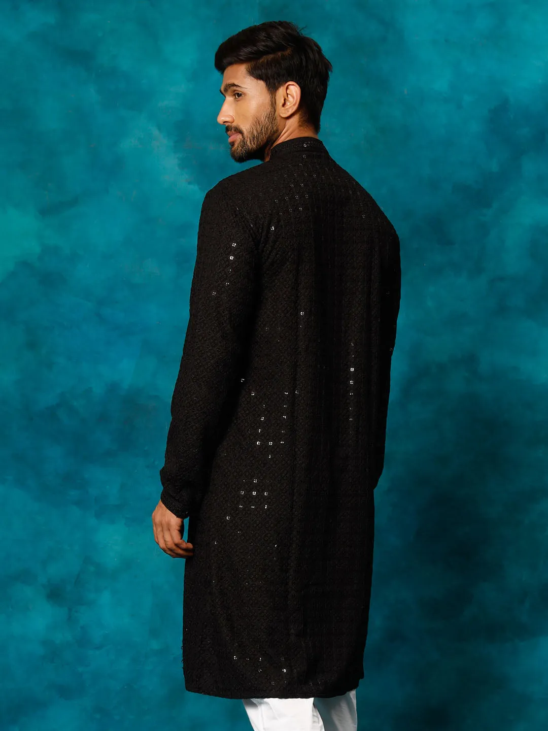 VM Men's Black Rayon Schiffli Embroidered Kurta