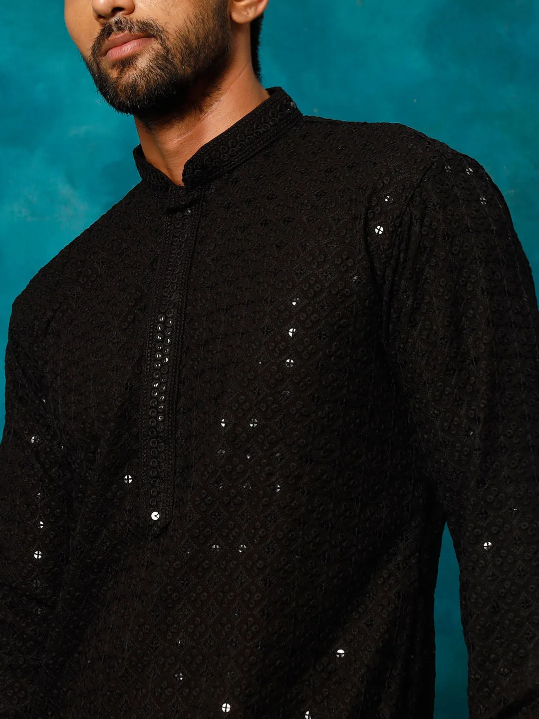 VM Men's Black Rayon Schiffli Embroidered Kurta