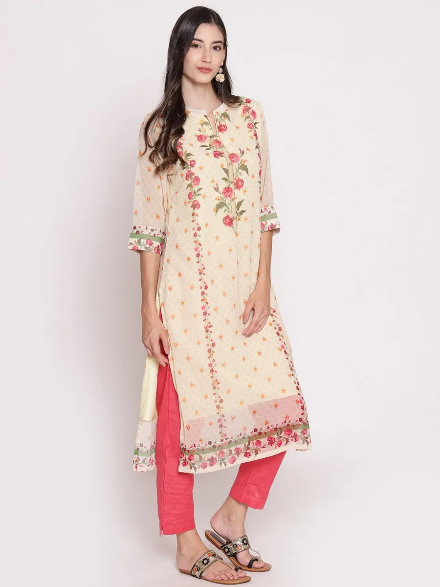 Women Cream Floral Printed Kurta